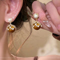 Tiger Eye Pearl Frame Drop Earrings with Distinctive Textured Details view 2