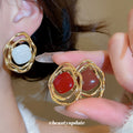 Round Enamel Statement Stud Earrings With Wavy Gold Tone Frames view 2