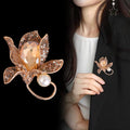 Brown White Orchid Crystal Pearl Look Metal Brooch Pin view 4