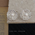 Silver Tone Radiating Wire Flower And White Pearl Stud Earrings view 3