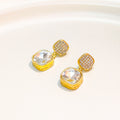 Gold Square Crystal Drop Earrings with Pave Stud Tops view 3