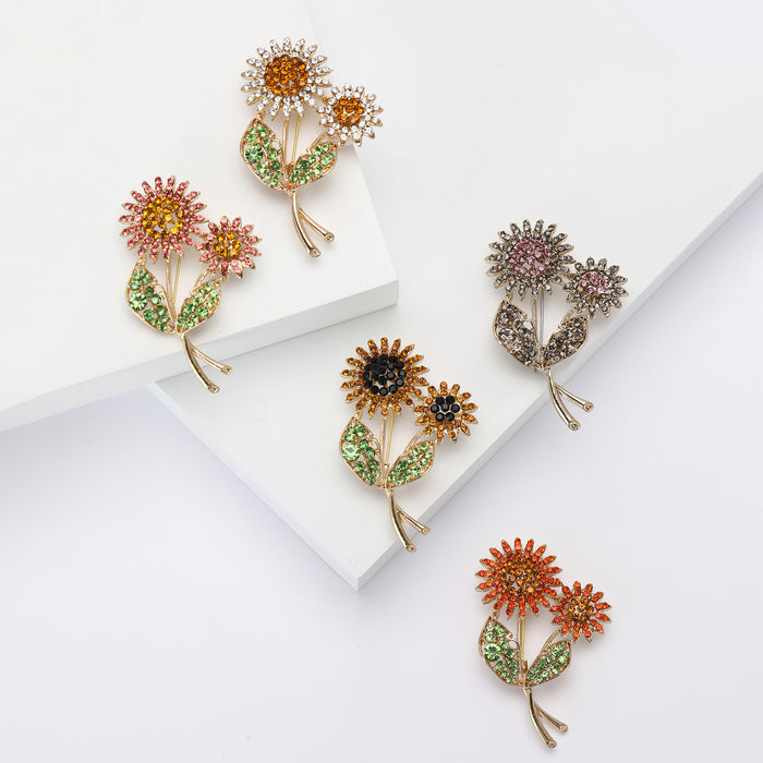 Rhinestone Dual Sunflower Brooch Gold Tone Green Leaf Pin