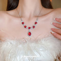 Silver Tone Red Oval Crystal Necklace And Ring With Clear Halos view 3
