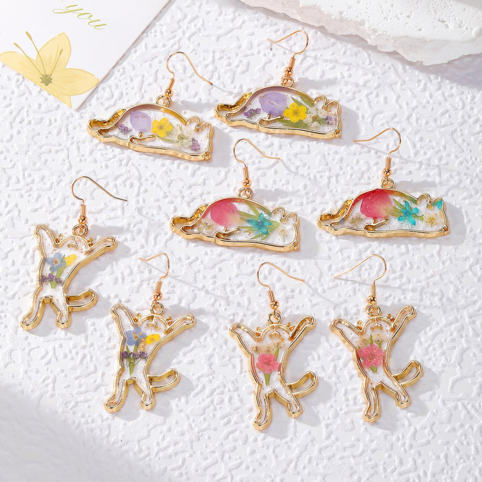 Gold Cat Silhouette Pressed Flower Drop Earrings 4 Styles