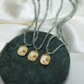 Gold Rose Oval Pendant Faceted Blue Green Bead Necklace view 2