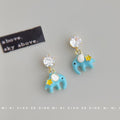 Silver Tone Clear Stone Blue Elephant And Yellow Star Drop Earrings view 3