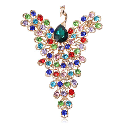 Front view of multicolor crystal peacock brooch with long tail decorative metal pin