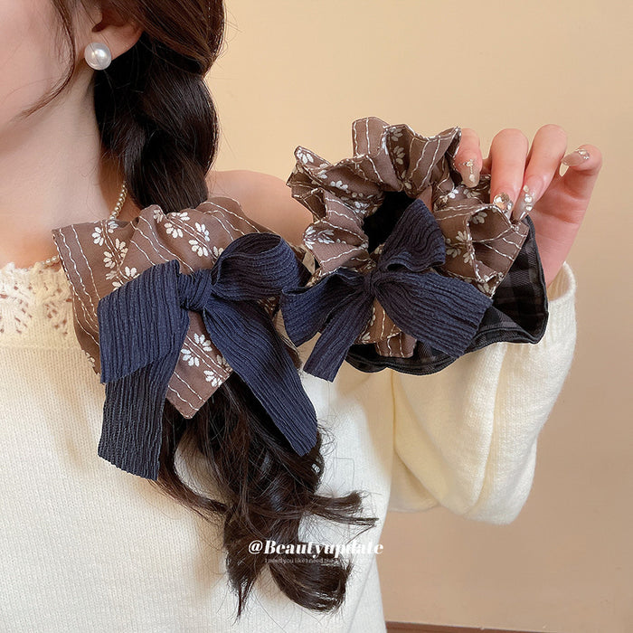 Coffee Floral Fabric Scrunchie Navy Pleated Bow 3 Styles
