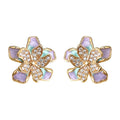 Gold Tone Iridescent Lavender Flower Clear Stone Stud Earrings view 5
