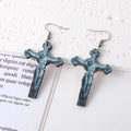 Silver Tone Gothic Cross and Praying Hands Acrylic Hook Earrings view 2