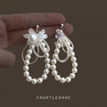 Silver Tone Flower And White Pearl Double Loop Stud Earrings view 4