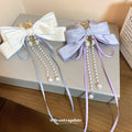 Satin Bow Hair Claw With Pearl Like Fringe In Blue White Or Lavender view 2