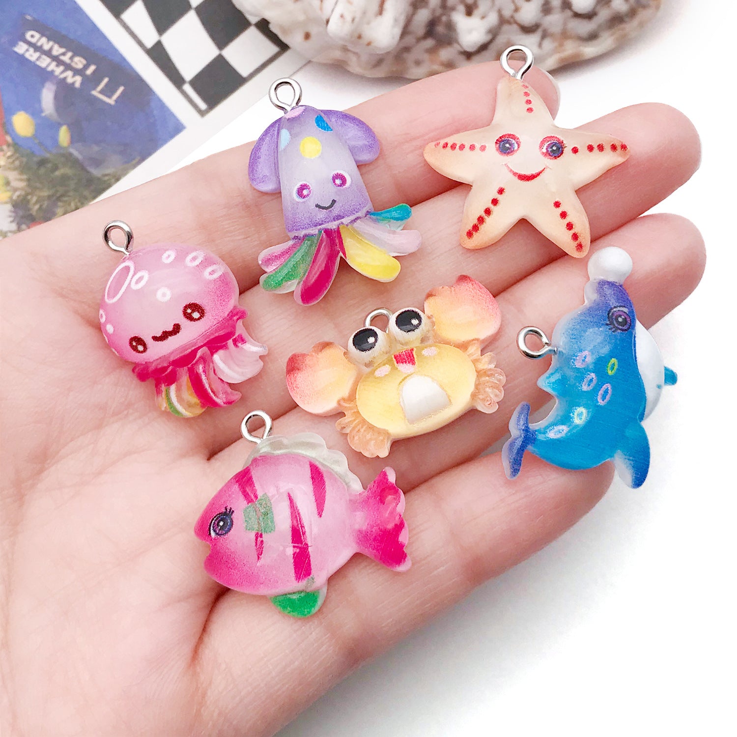 Resin Cartoon Jellyfish Octopus Starfish Crab charm pendants for DIY necklace keychain