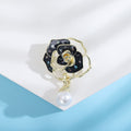 Gold Camellia Flower Brooch Pearl Drop Black White Enamel view 4
