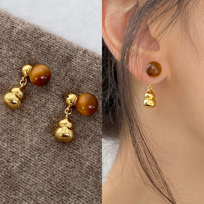 Brown Cabochon Stud Earrings with Gold Tone Gourd Drops