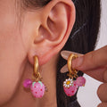 Resin Flower and Strawberry Drop Hoop Earrings with Agate Accents view 2