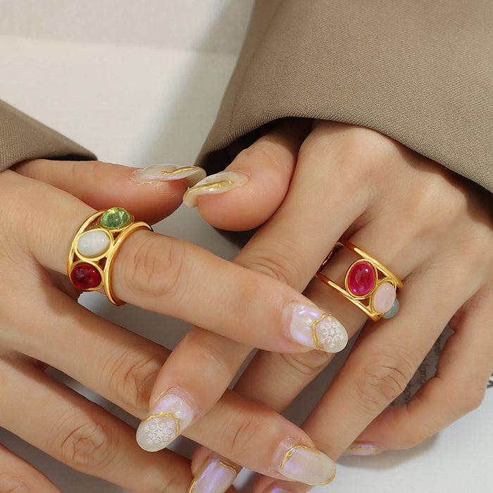 Gold Open Ring With Green White Red Glass Cabochons