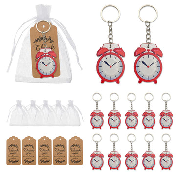 Red Alarm Clock Wood Keychain, Metal Ring, Organza Bag Option