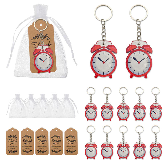 Red Alarm Clock Wood Keychain, Metal Ring, Organza Bag Option
