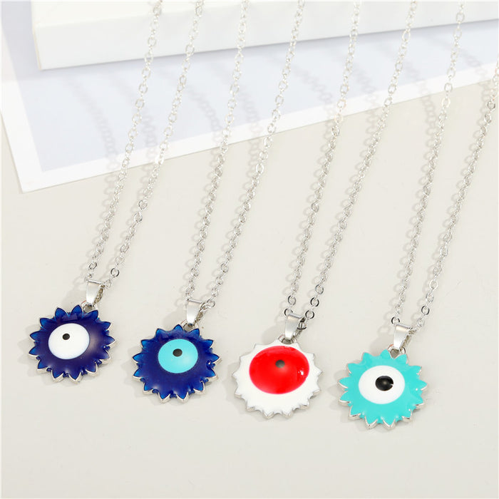 Silver Tone Sunburst Evil Eye Pendant Necklaces in Four Colors