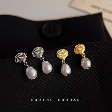 Mini Shell Pearl Drop Stud Earrings Gold Silver Two Tones