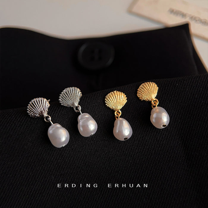 Mini Shell Pearl Drop Stud Earrings Gold Silver Two Tones