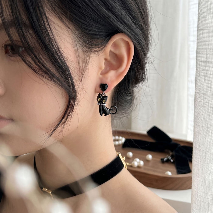Black Cat and Heart Gold Tone Long Dangle Earrings