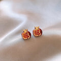 Red Pomegranate Gold Tone Fruit Motif Stud Earrings view 3