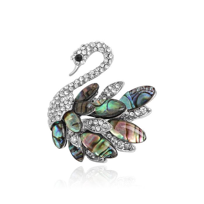 Silver Tone Swan Brooch With Iridescent Shell Leaf Feathers