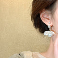 White Fabric Flower Hoop Drop Earrings with Reflective Details view 3