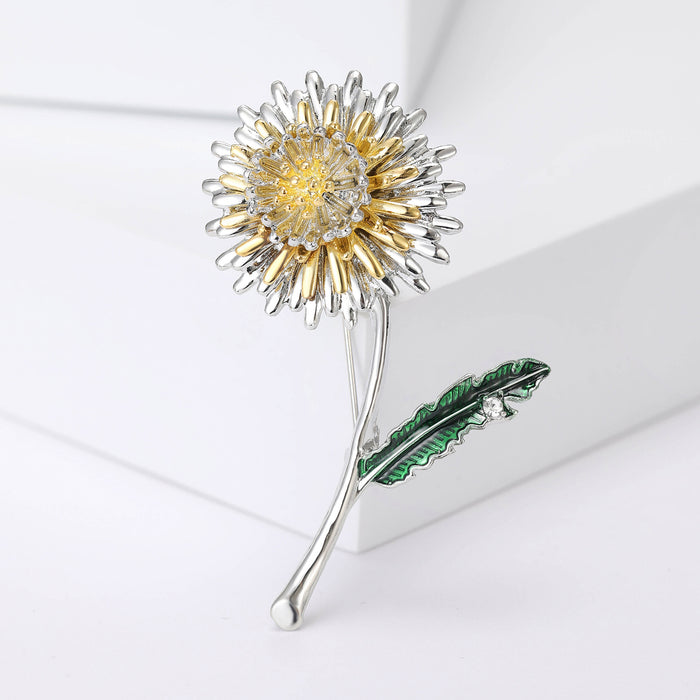 Long Stem Dandelion Brooch with Yellow and Green Enamel