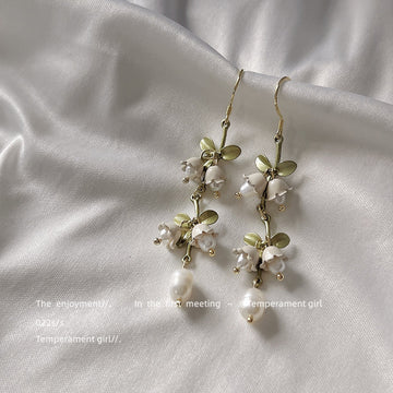 Gold Tone Green Leaf White Flower And Pearl Long Hook Earrings