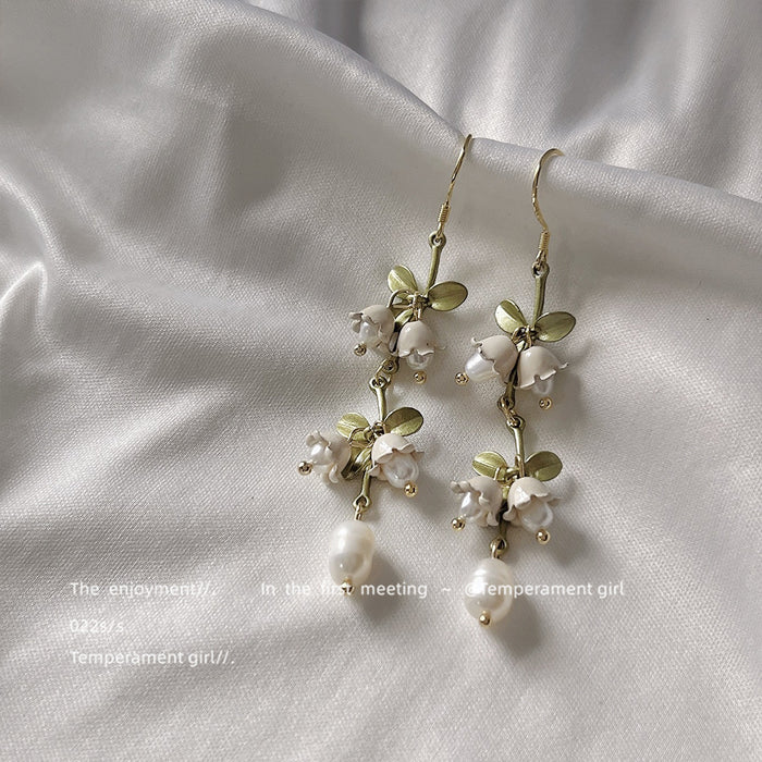 Gold Tone Green Leaf White Flower And Pearl Long Hook Earrings