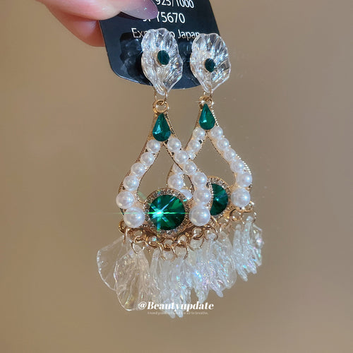 Green Teardrop And White Lace Statement Earrings Jewelry shown in product overview