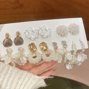 White Floral and Shell Look Stud Earring Assortment