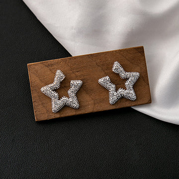 Textured Silver Tone Open Star Statement Stud Earrings