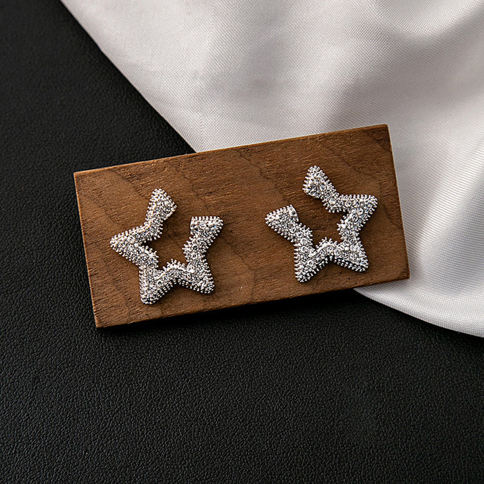 Textured Silver Tone Open Star Statement Stud Earrings