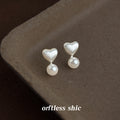 Silver Tone Brushed Heart And White Pearl Drop Stud Earrings view 4