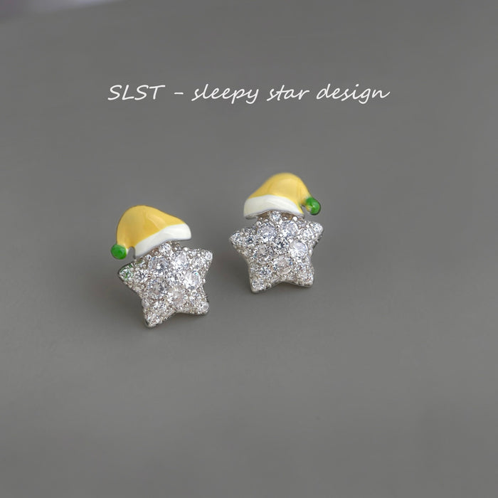 Silver Tone Clear Stone Star And Yellow Nightcap Stud Earrings