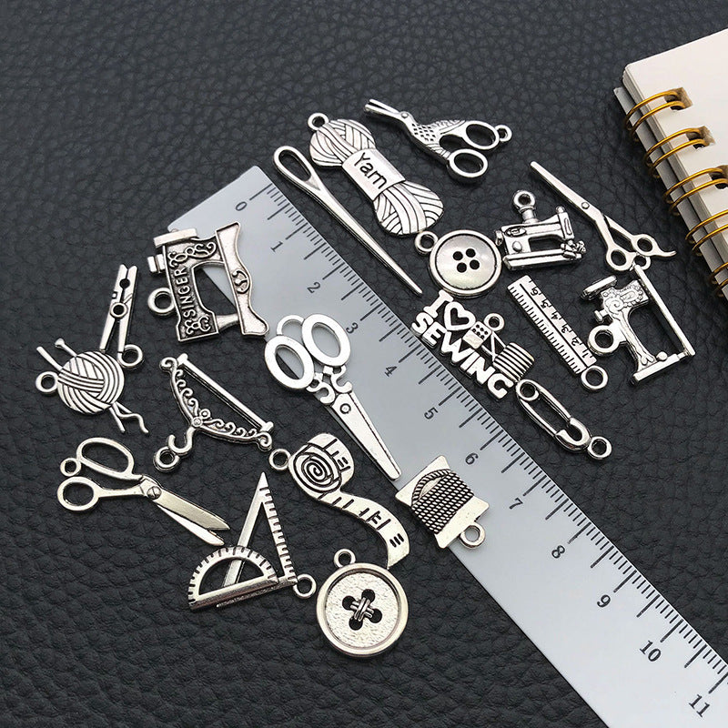 Antique Silver Zinc Alloy Sewing Machine Scissors Button Needle Charm Pendant for DIY Jewelry