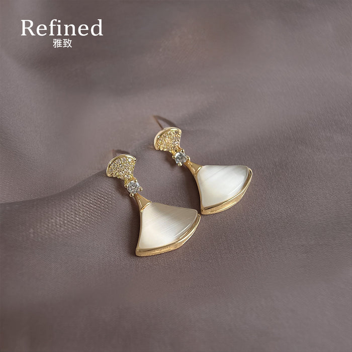 Gold Tone Clear Stone Top And Ivory Fan Drop Stud Earrings