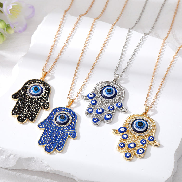 Gold and Silver Tone Openwork Hamsa Evil Eye Pendant Necklaces