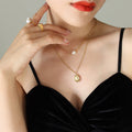 Gold Double Layer Necklace Pearl And Concave Oval Pendant view 3