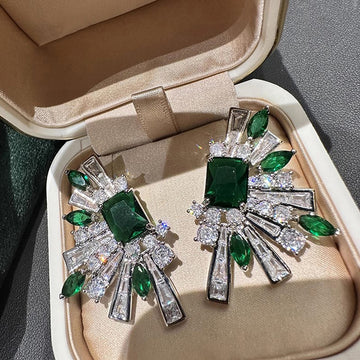 Green Mixed-Cut Geometric Burst Stud Earrings In Silver Tone