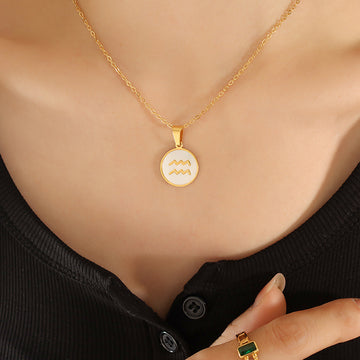 Gold White Shell Zodiac Disc Pendant Necklaces 12 Signs