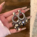 Silver Tone Open Circle Sequin Fringe Stud Earrings view 3