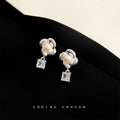 Silver Camellia Pearl Square Crystal Drop Stud Earrings view 3