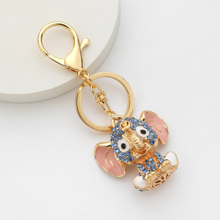 Rhinestone Baby Elephant Keychain Gold Tone Clasp Ring