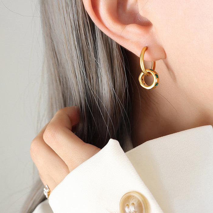 Gold Hoop Earrings Green Zircon Circle Pendant Drop