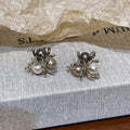 Antique Silver Tone Pearl Cluster Floral Stud Earrings view 6